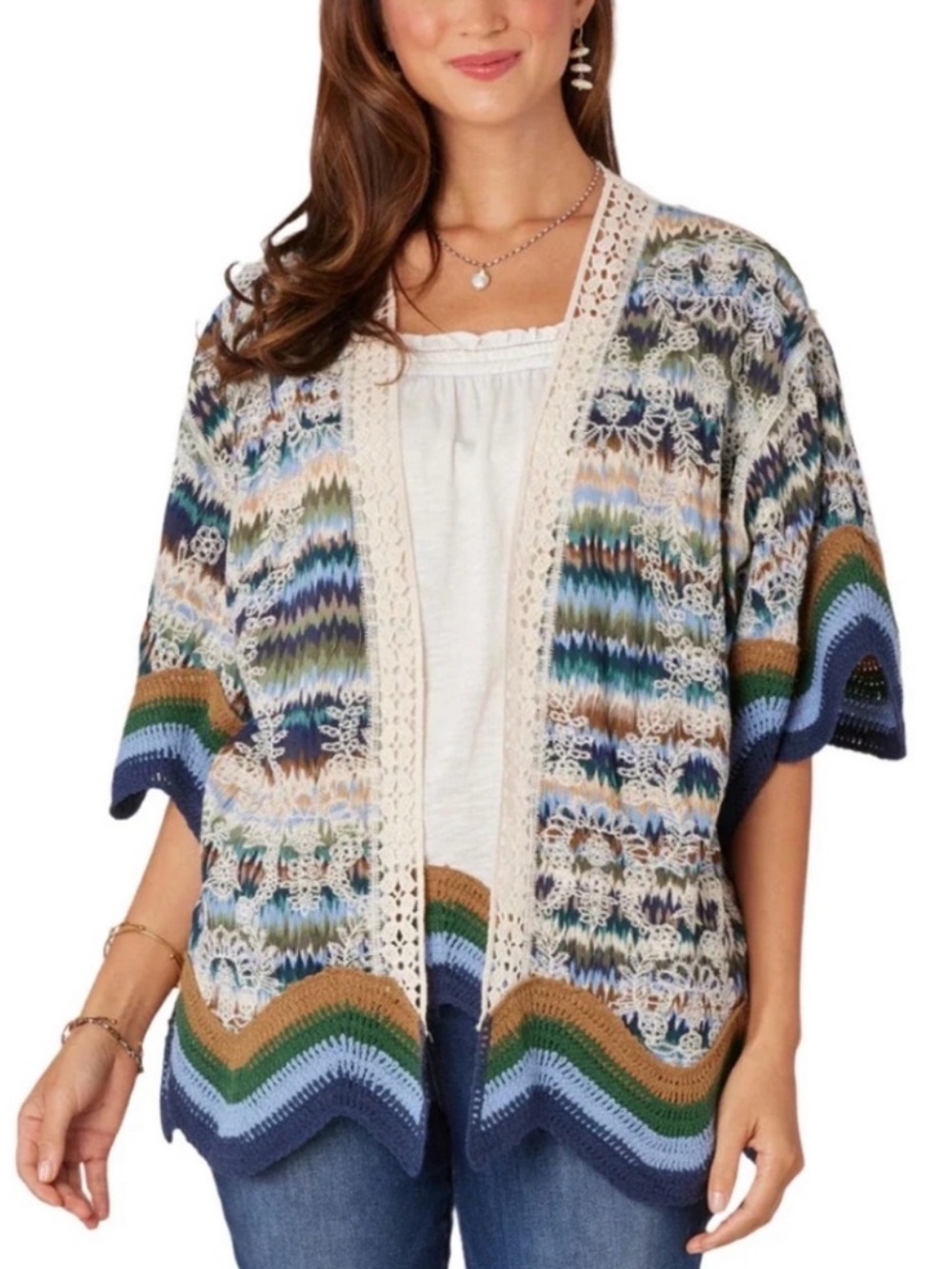 Democracy Boho Crochet Bell Sleeve Kimono Size L